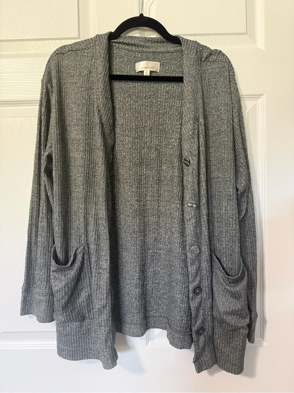 Cuddl Duds Ribbed Gray Cardigan- L